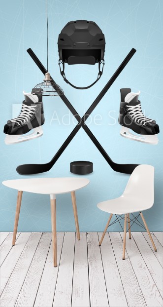 Picture of Ice hockey helmet puck sticks and skates